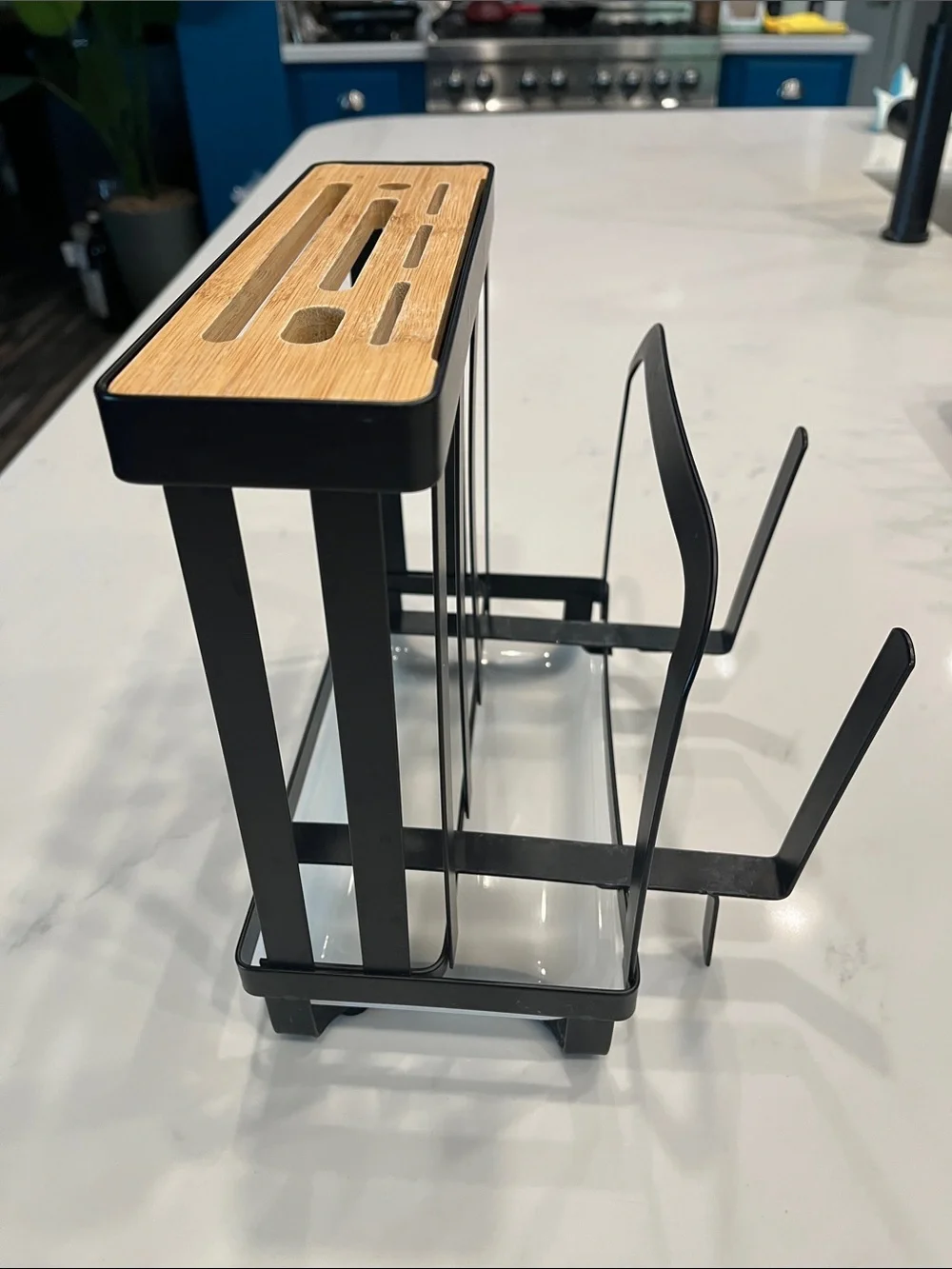 Bamboo Top Black Metal Utensil and Cutting Board Organizer